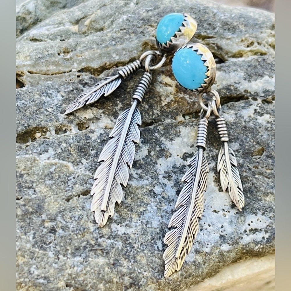 VTG Navajo Turquoise Cabochon Sterling Silver Feather Drop Earrings Western Boho